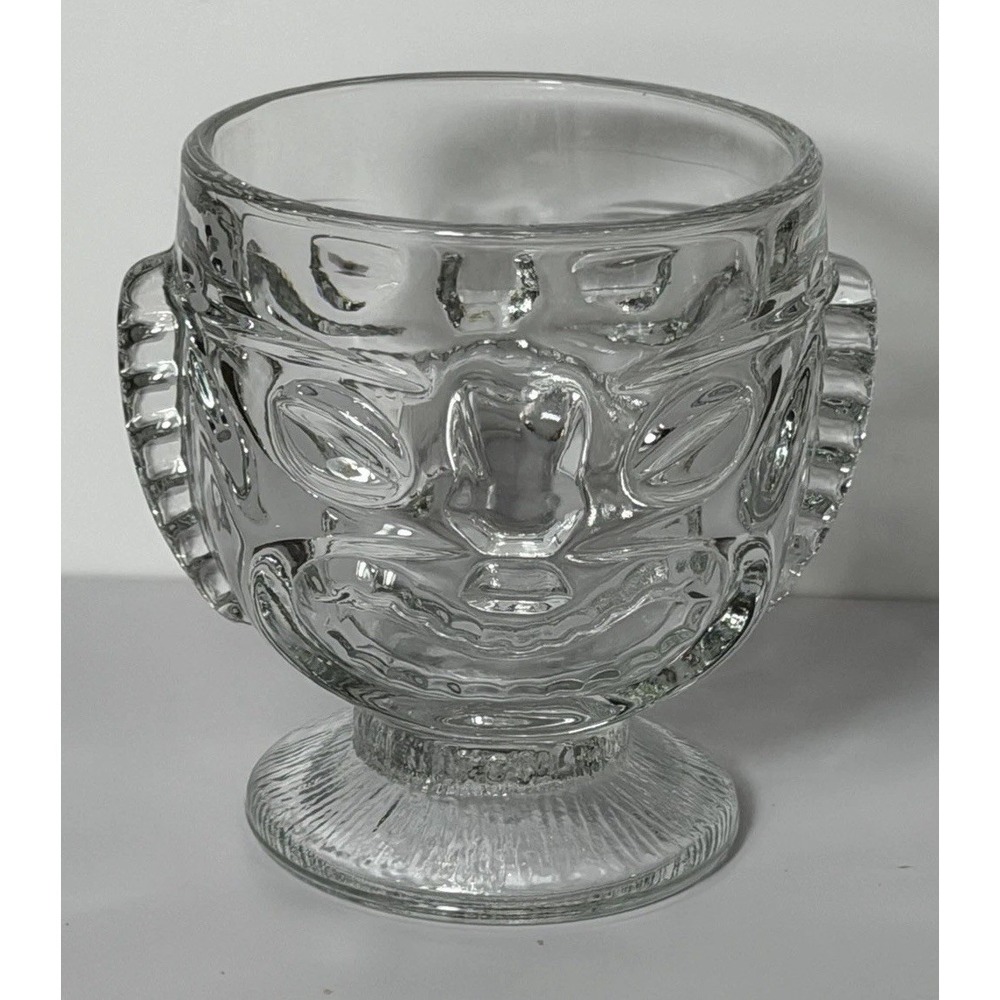 Vintage Indiana Glass Two-Faced Tiki Mug Clear Happy/Sad Face Pedestal Tumbler
